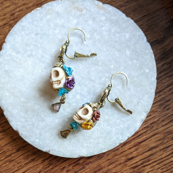 Sugar Skull Flower Sparkly Dangle Earrings - Picture 7 of 9